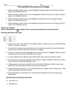 word problems involving rate of change worksheet answer key